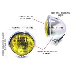4.75" Chopper Headlight "Bates Style" Chrome & Yellow