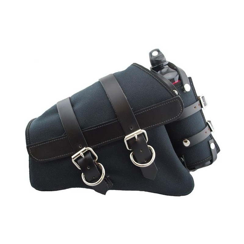 Canvas Left Side Saddle Bag with Fuel Bottle - Black with Black Leather Accents