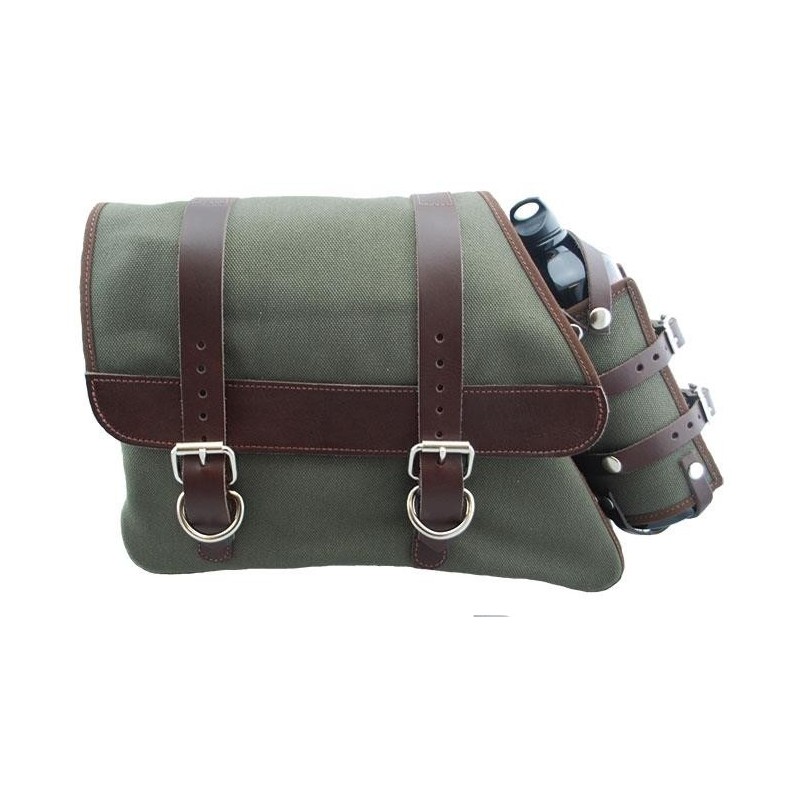 Canvas Left Side Saddle Bag with Fuel Bottle - Army Green with Brown Strap