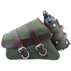 Canvas Left Side Saddle Bag with Fuel Bottle - Army Green with Brown Straps