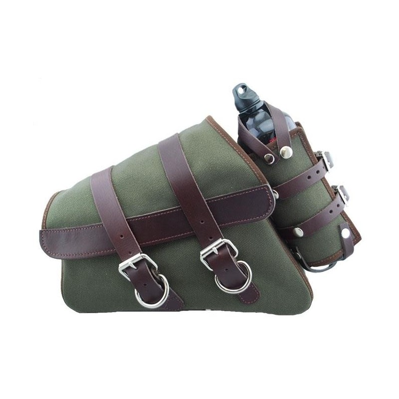 Canvas Left Side Saddle Bag with Fuel Bottle - Army Green with Brown Straps